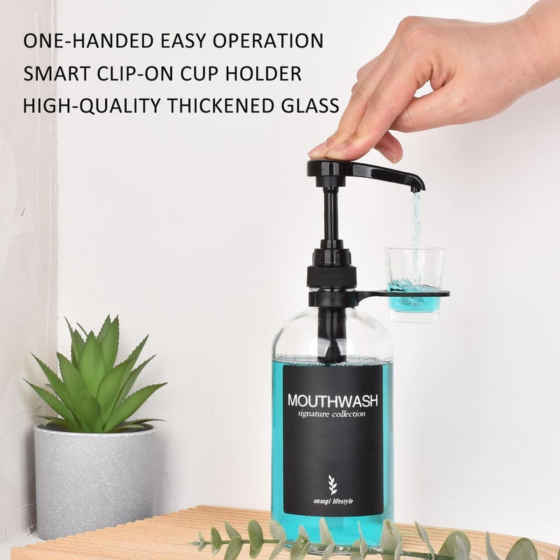 onsogi Clear Glass Mouthwash Dispenser with Black Cup Holder and Pump, 16 Oz Rustic Boho Mouthwash Dispenser for Bathroom Farmhouse Decor - 1 Pack - Image 1